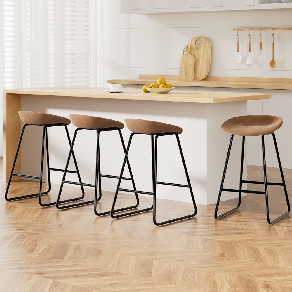 Leather Metal Brown Bar Stools - 4 x Stools