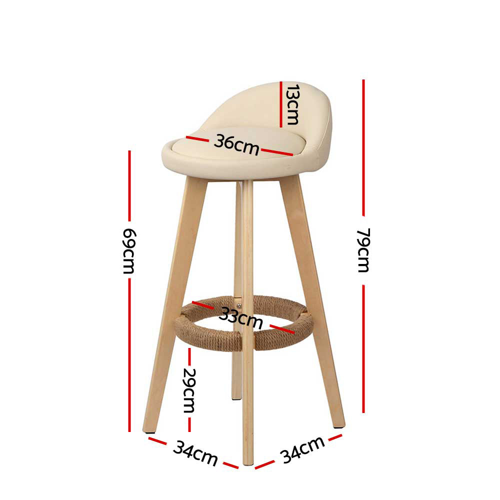 Padded Leather Wooden Beige Bar Stools - 2 x Stools