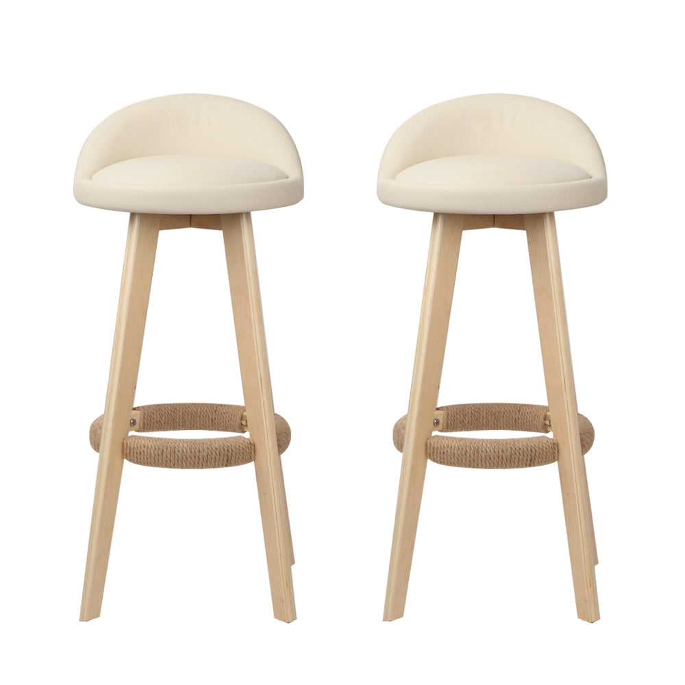 Padded Leather Wooden Beige Bar Stools - 2 x Stools