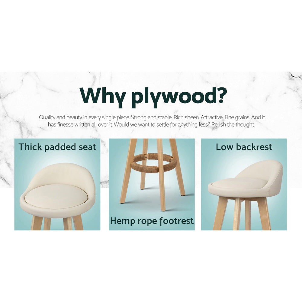 Padded Leather Wooden Beige Bar Stools - 2 x Stools