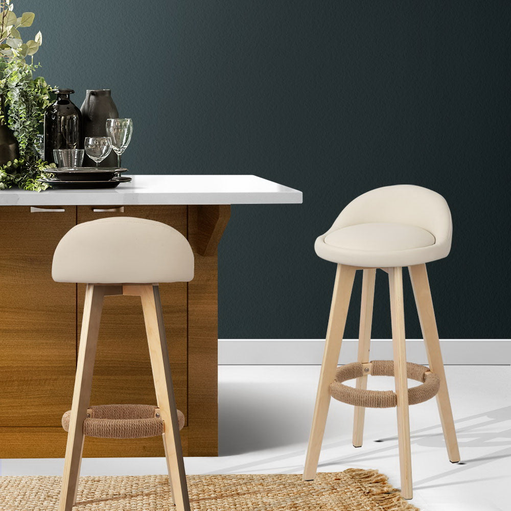 Padded Leather Wooden Beige Bar Stools - 2 x Stools