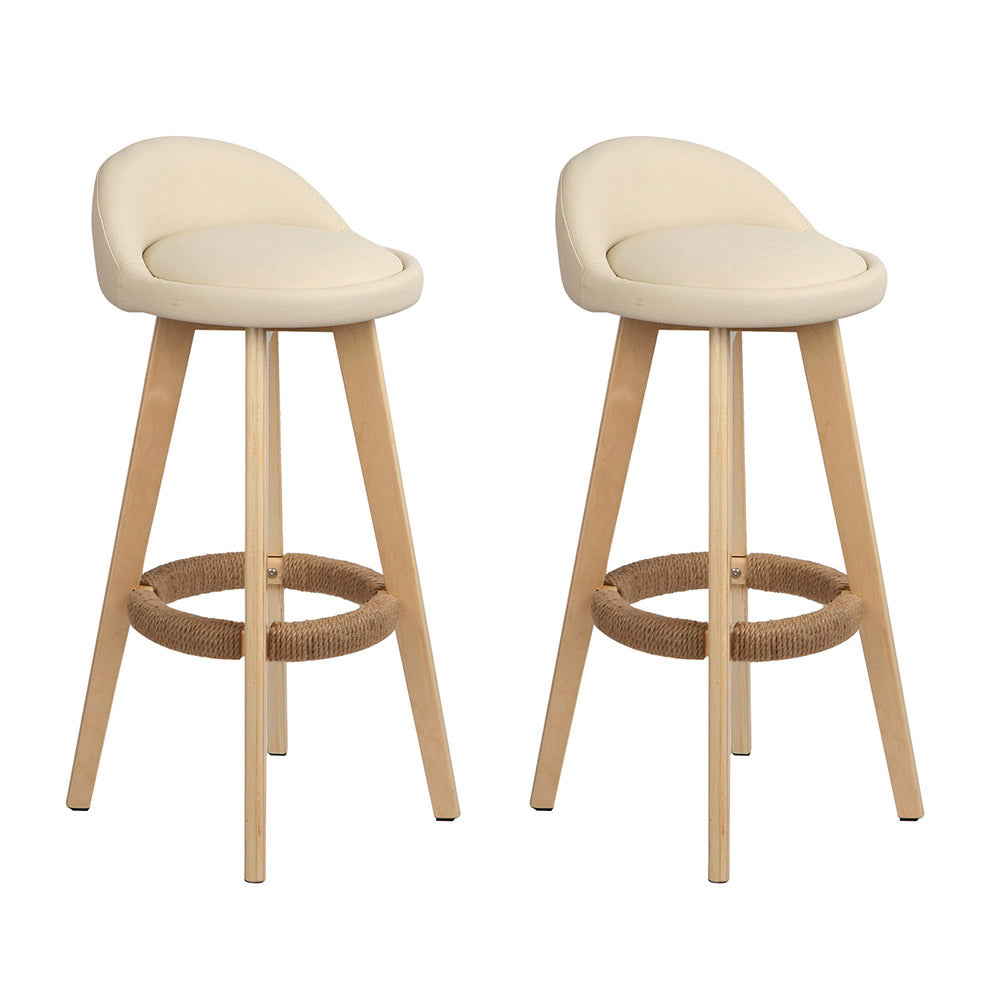 Padded Leather Wooden Beige Bar Stools - 2 x Stools