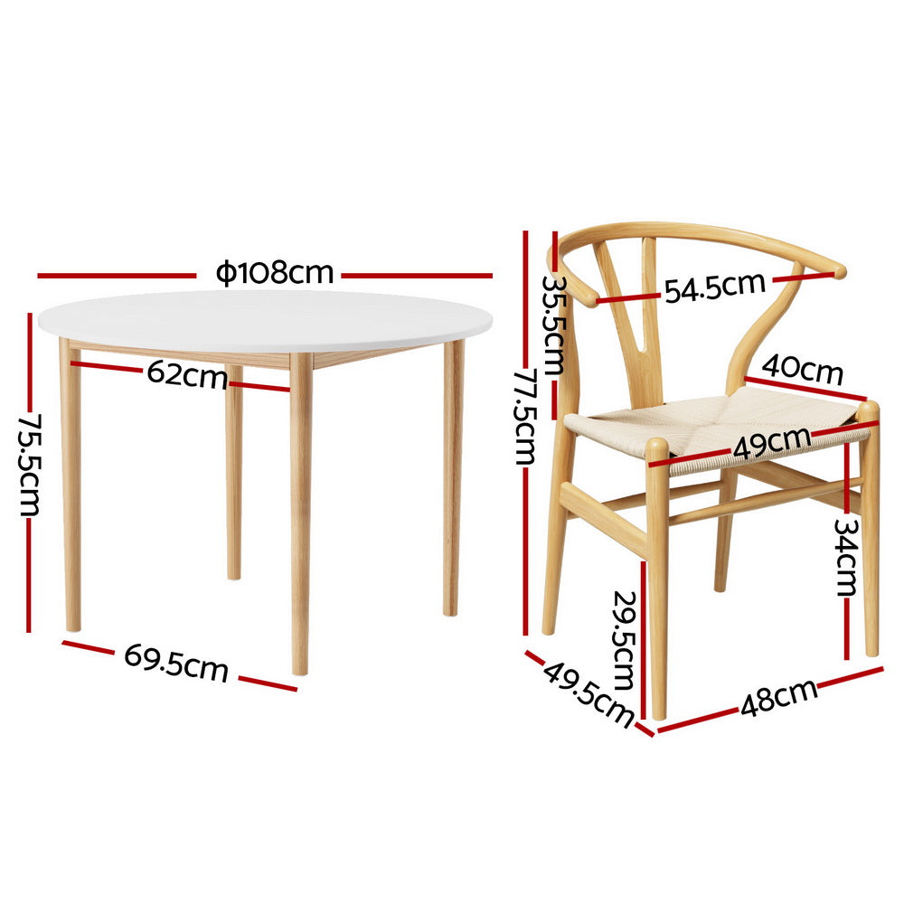Round Dining Table and Wishbone Dining Chair Wooden Rattan x 4