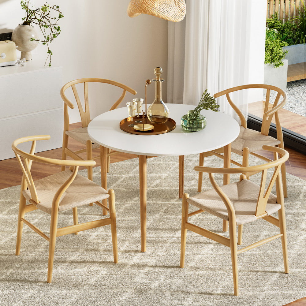 Round Dining Table and Wishbone Dining Chair Wooden Rattan x 4