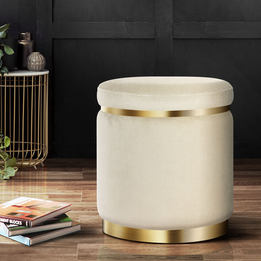 Ottoman Foot Stool Round - Velvet Cream