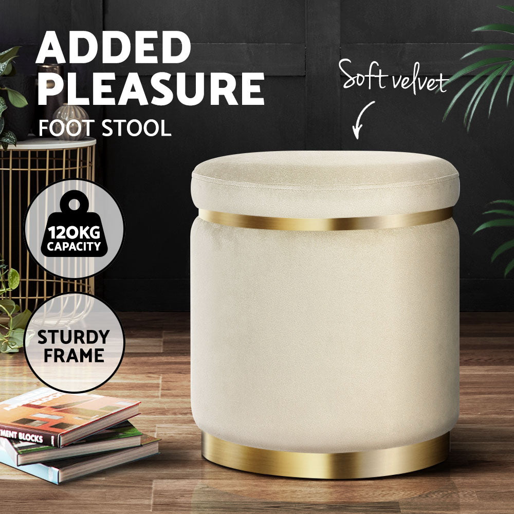 Ottoman Foot Stool Round - Velvet Cream
