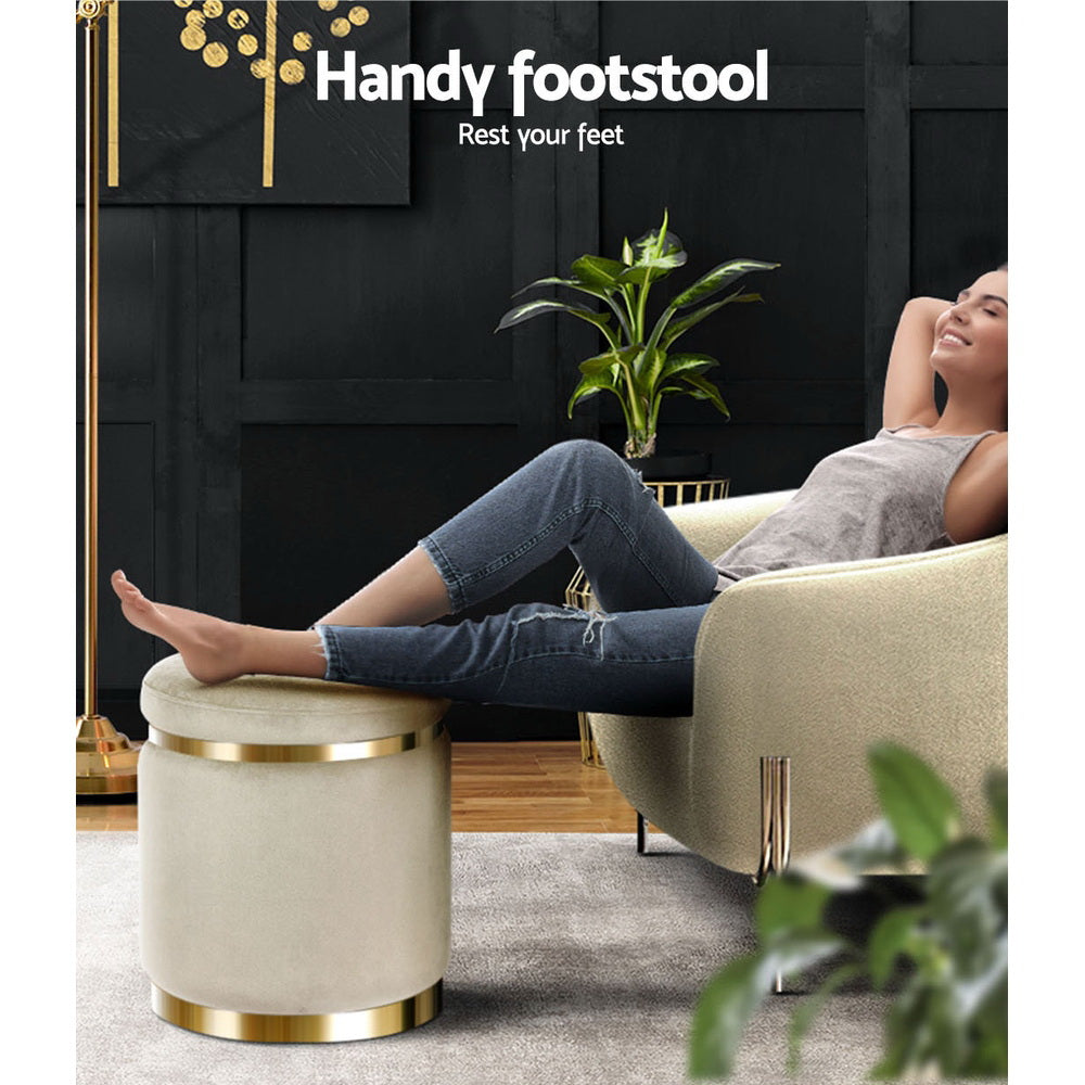 Ottoman Foot Stool Round - Velvet Cream
