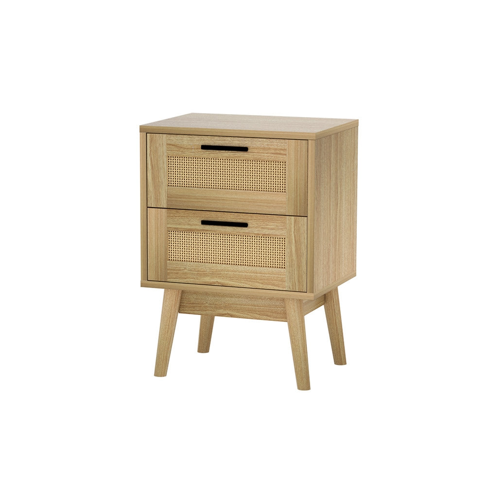 RIE Oak Rattan Bedside Table - 2 Drawers