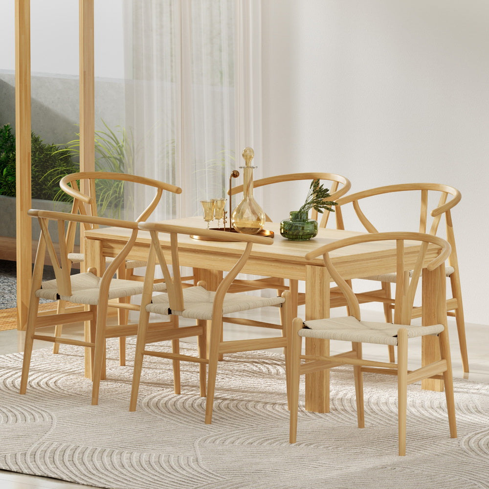 Wishbone Dining Chairs Wooden Rattan - Set of 6