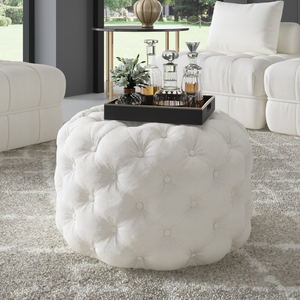 Bouclé White Ottoman - Round