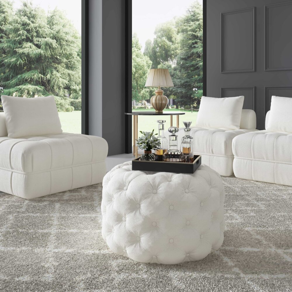 Bouclé White Ottoman - Round