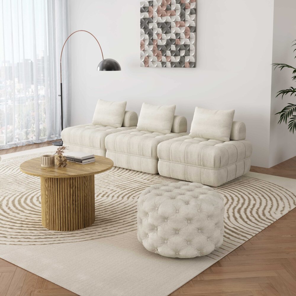 Bouclé White Ottoman - Round