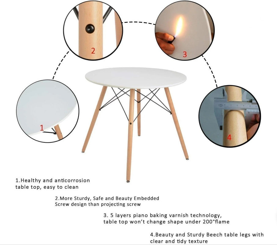 Modern Round Dining Table White/Wooden Legs - 80cm