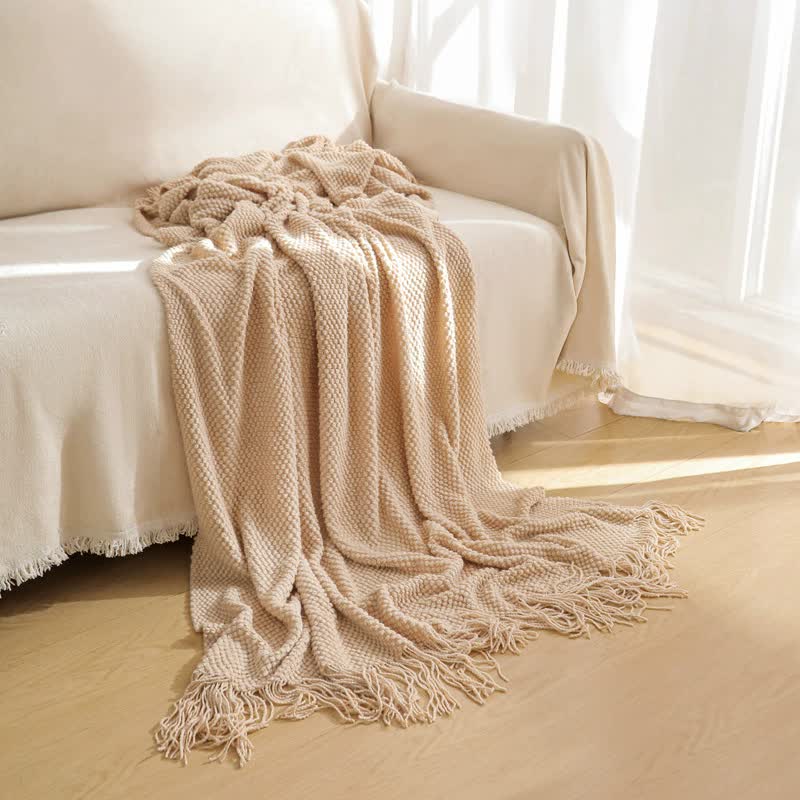 Premium Woven Knitted Throw Blanket with Tassels - Khaki 130x260cm