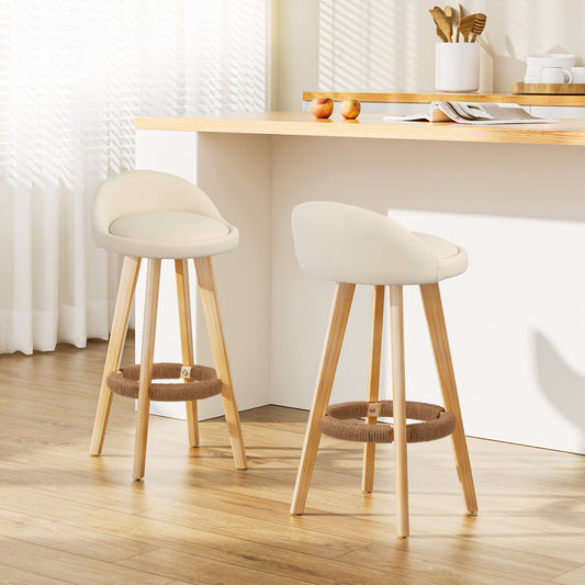 Padded Leather Wooden Beige Bar Stools - 2 x Stools