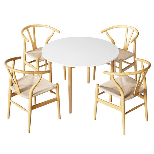 Round Dining Table and Wishbone Dining Chair Wooden Rattan x 4