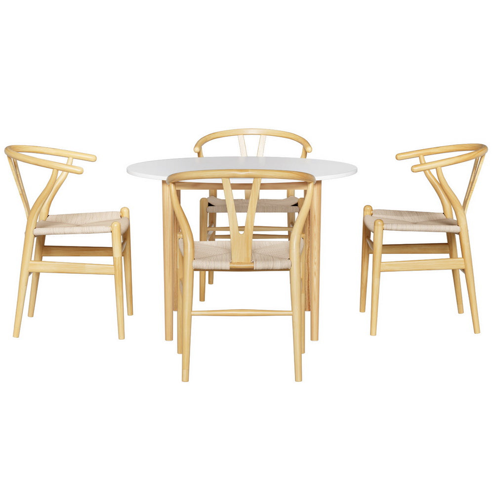 Round Dining Table and Wishbone Dining Chair Wooden Rattan x 4