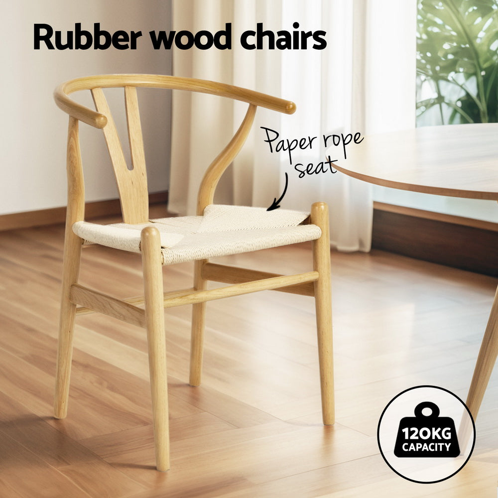 Round Dining Table and Wishbone Dining Chair Wooden Rattan x 4