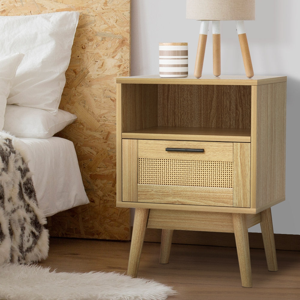 REI Oak Rattan Bedside Table
