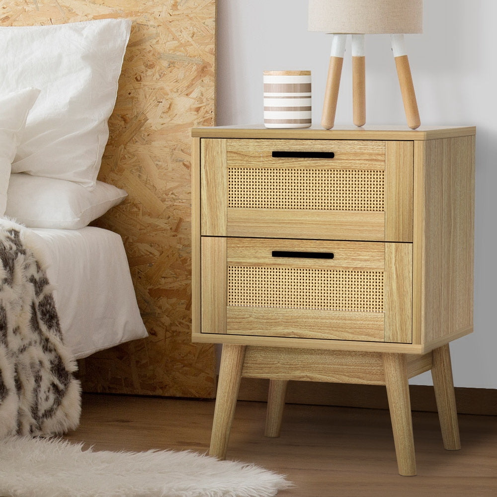 RIE Oak Rattan Bedside Table - 2 Drawers