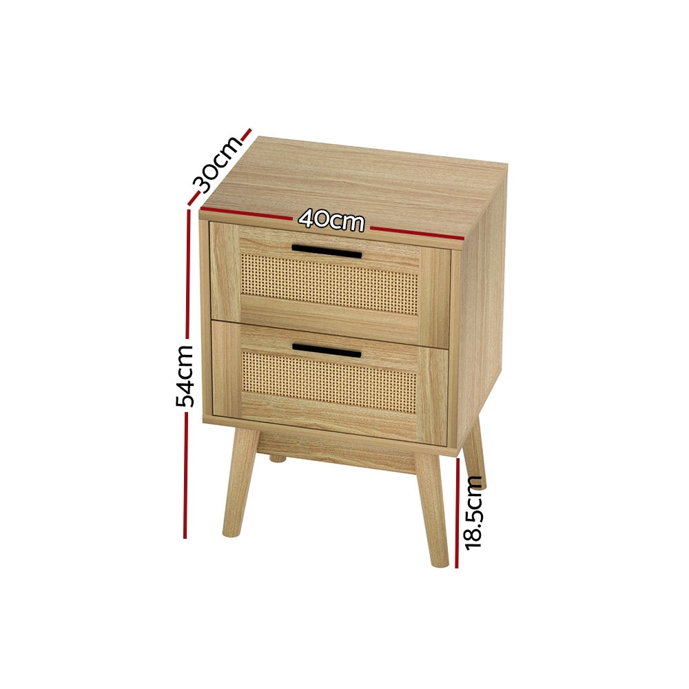 RIE Oak Rattan Bedside Table - 2 Drawers
