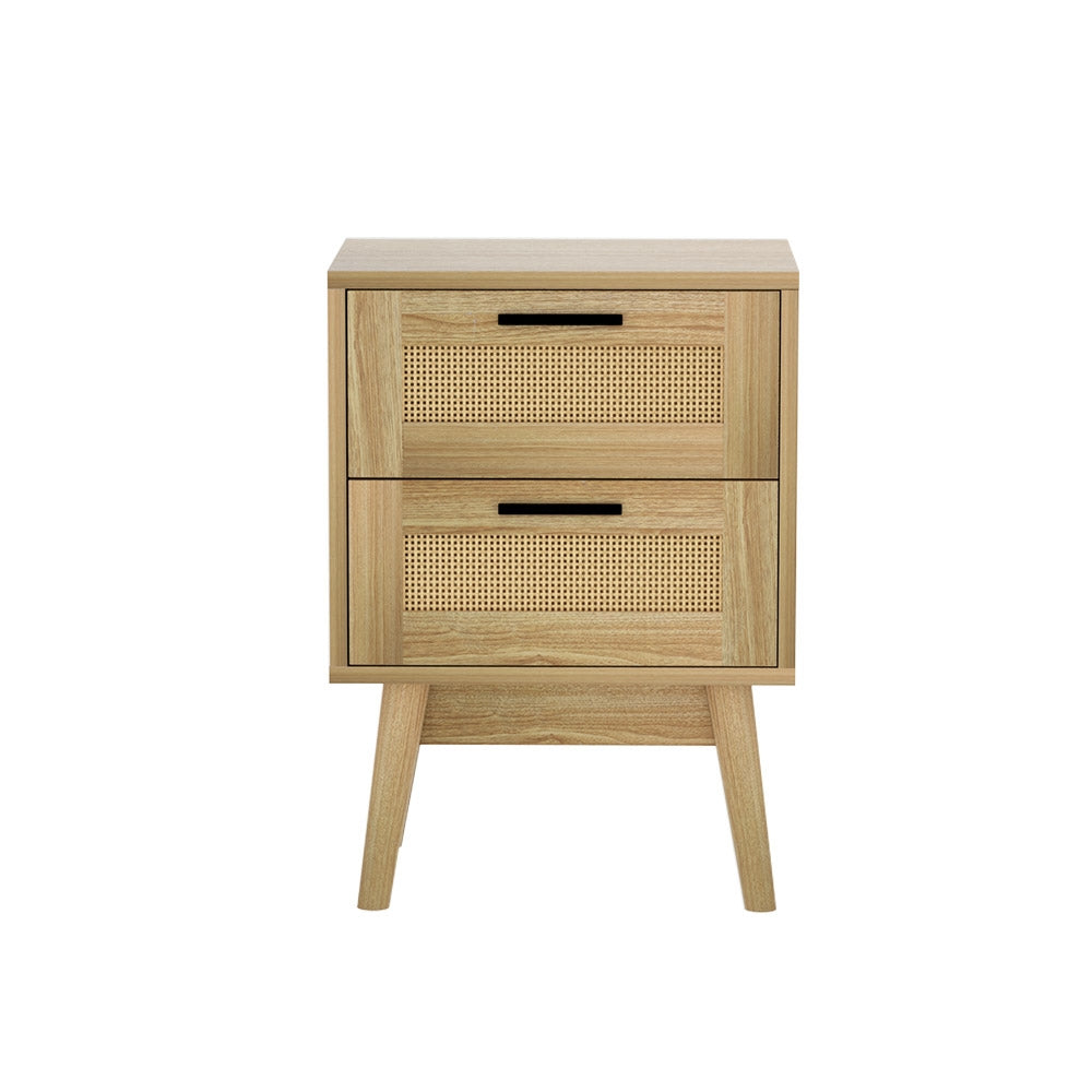 RIE Oak Rattan Bedside Table - 2 Drawers