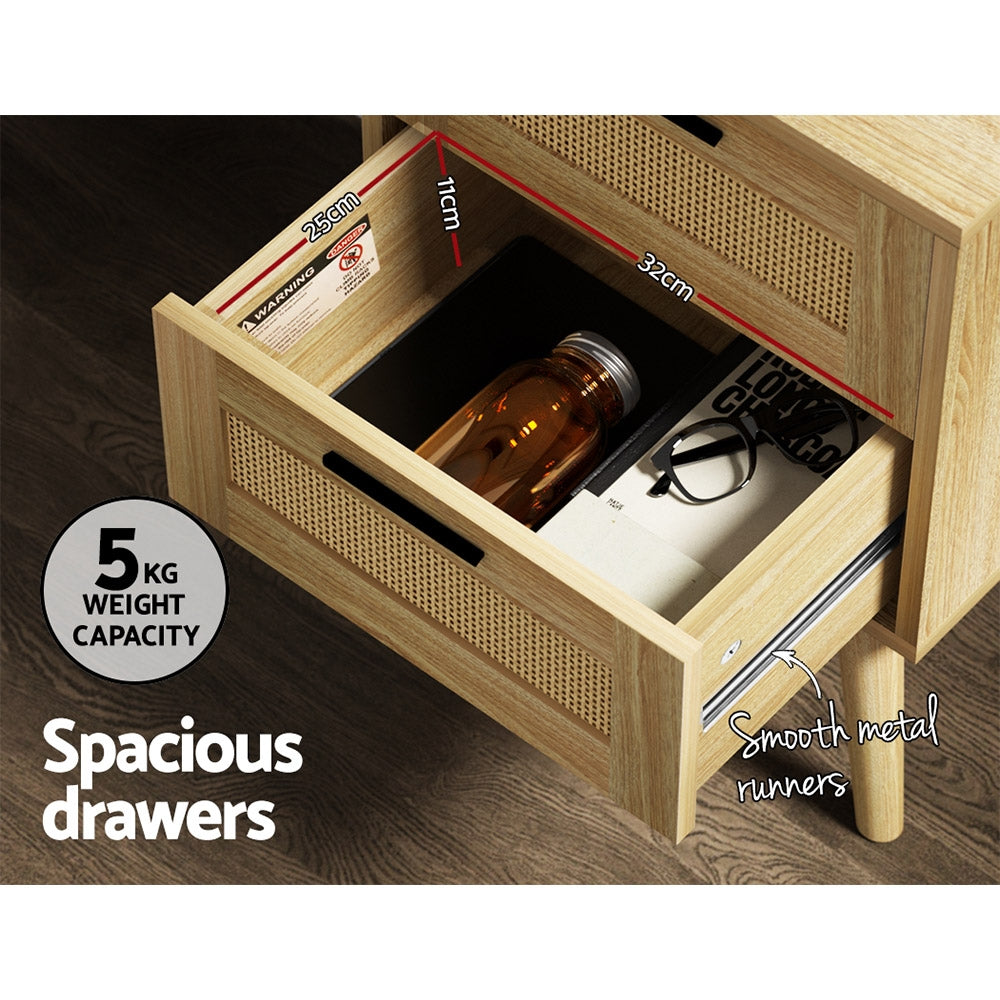 RIE Oak Rattan Bedside Table - 2 Drawers
