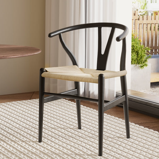Wishbone Dining Chairs Wooden Rattan - Set of 1 - Black