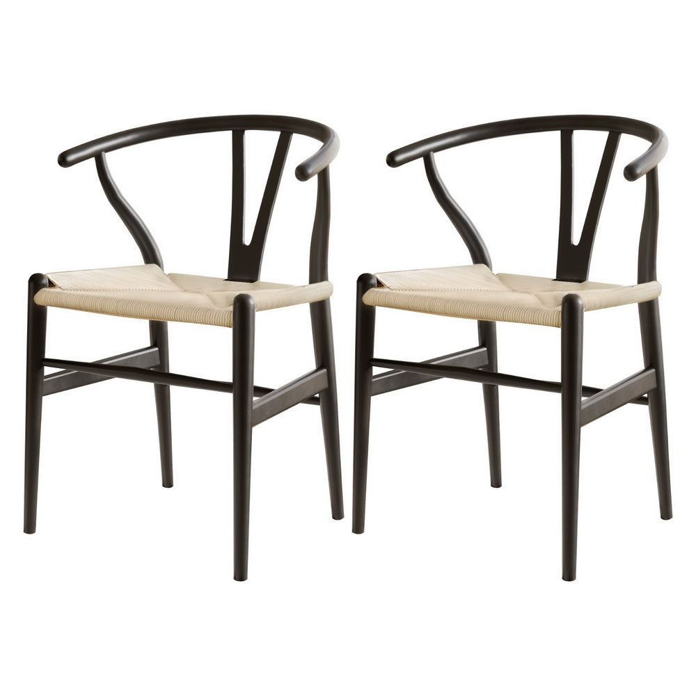 Wishbone Dining Chairs Wooden Rattan - Set of 2 - Black