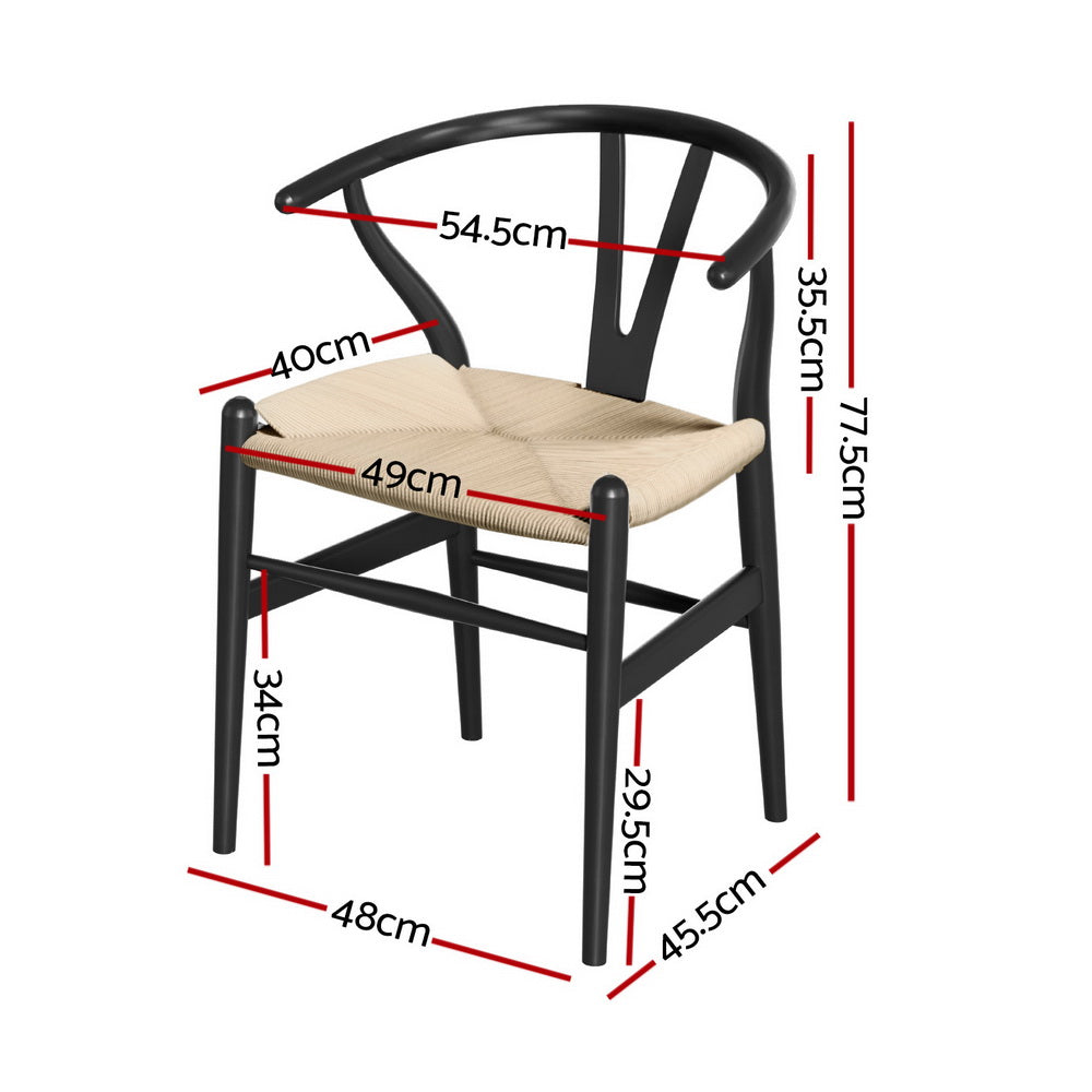 Wishbone Dining Chairs Wooden Rattan - Set of 2 - Black