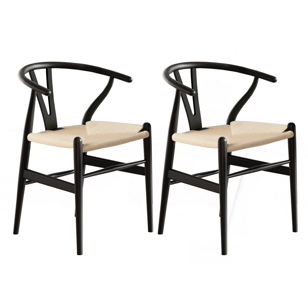 Wishbone Dining Chairs Wooden Rattan - Set of 2 - Black