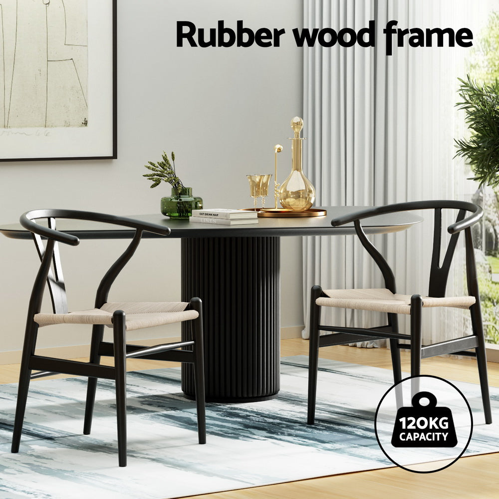 Wishbone Dining Chairs Wooden Rattan - Set of 2 - Black