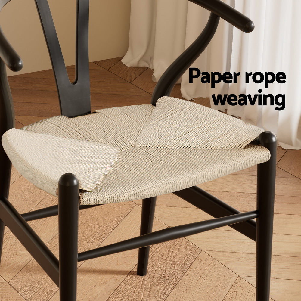 Wishbone Dining Chairs Wooden Rattan - Set of 2 - Black