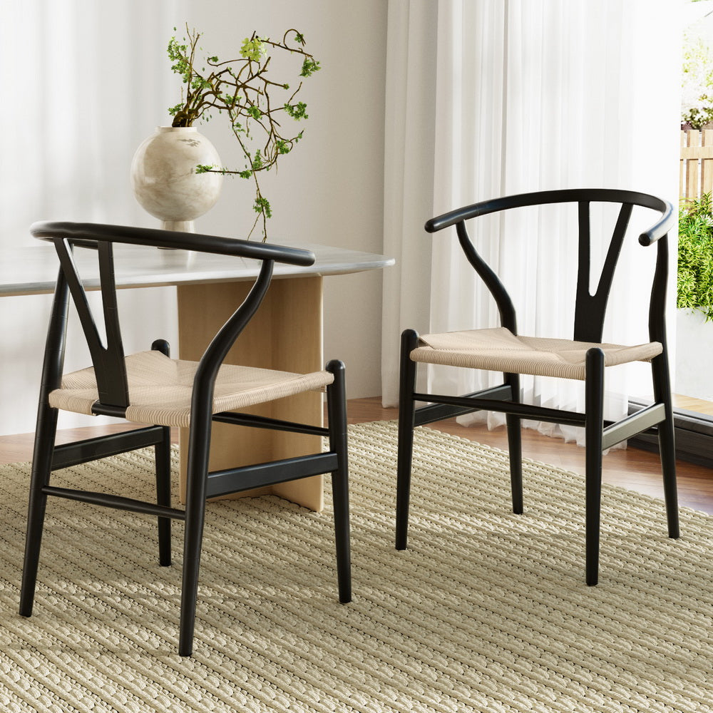 Wishbone Dining Chairs Wooden Rattan - Set of 2 - Black