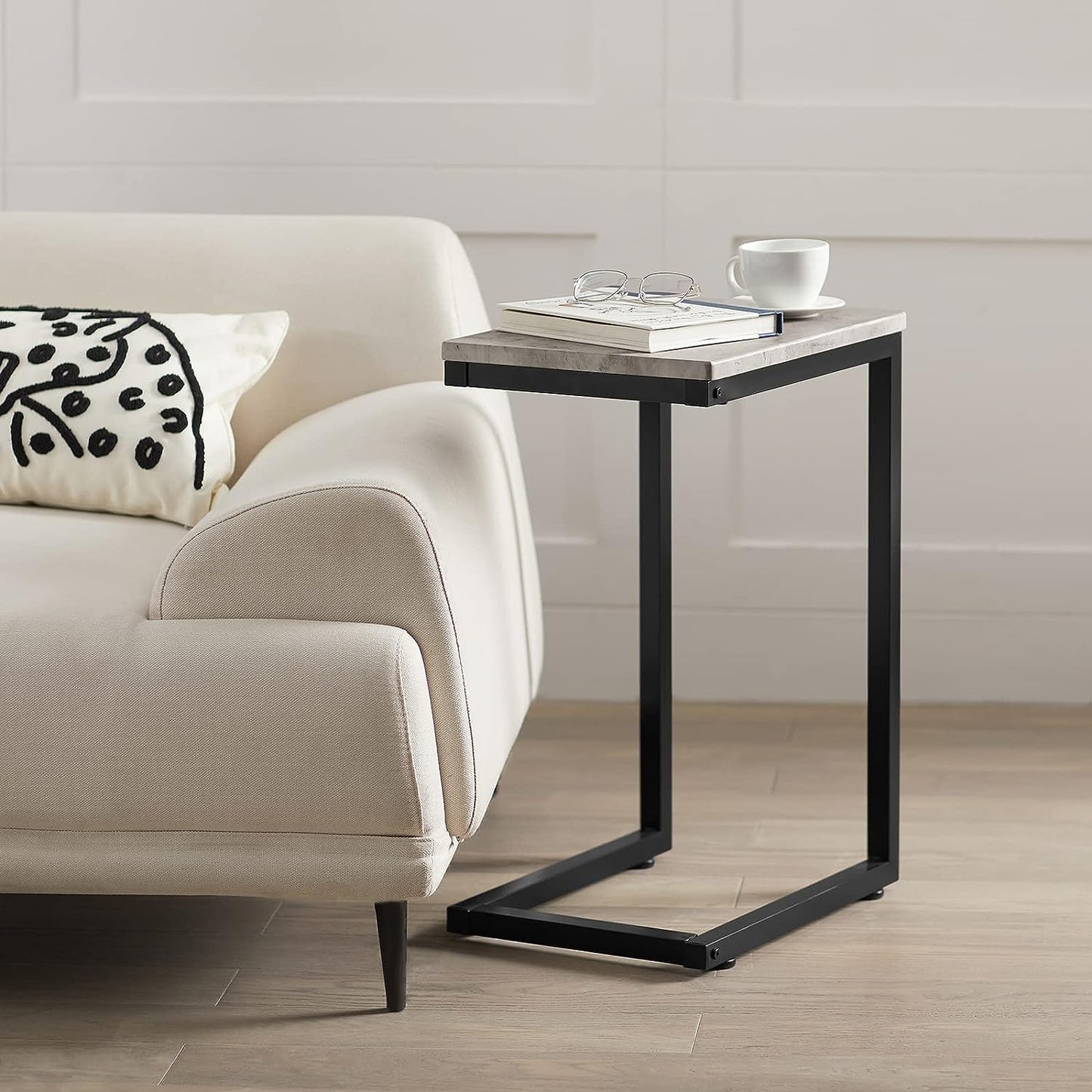 Marble Effect Sofa Side Table - Grey/Black