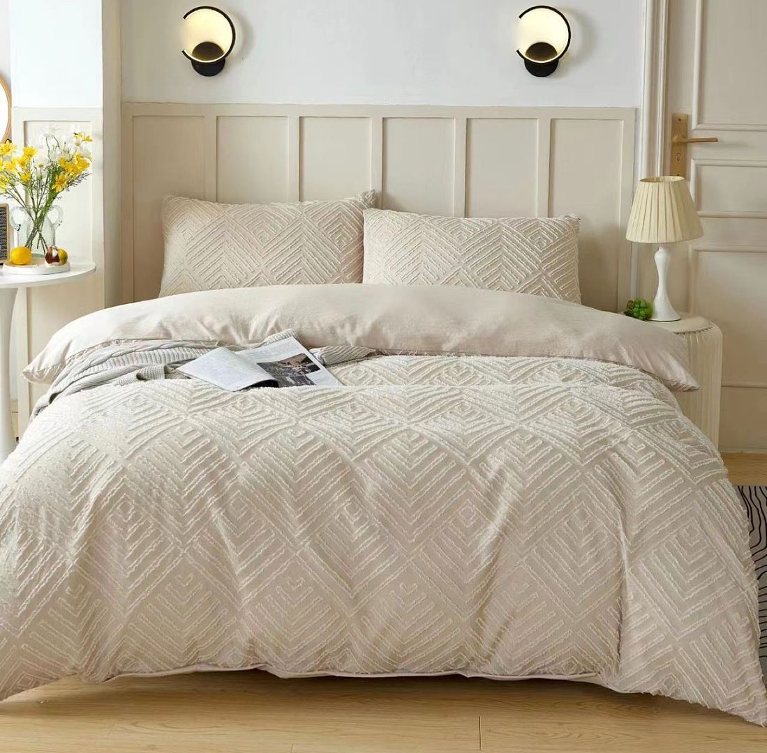 Tufted Textured Jacquard Quilt Cover Set - Beige - Queen