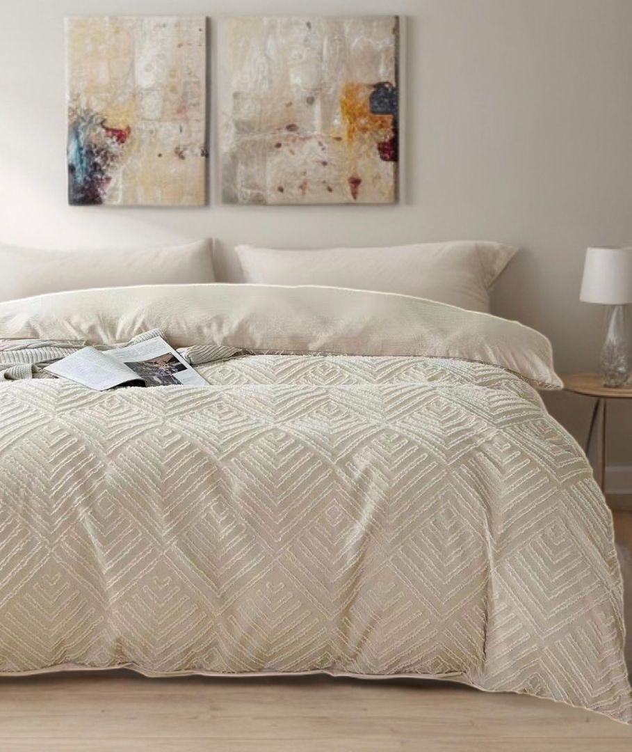 Tufted Textured Jacquard Quilt Cover Set - Beige - Queen