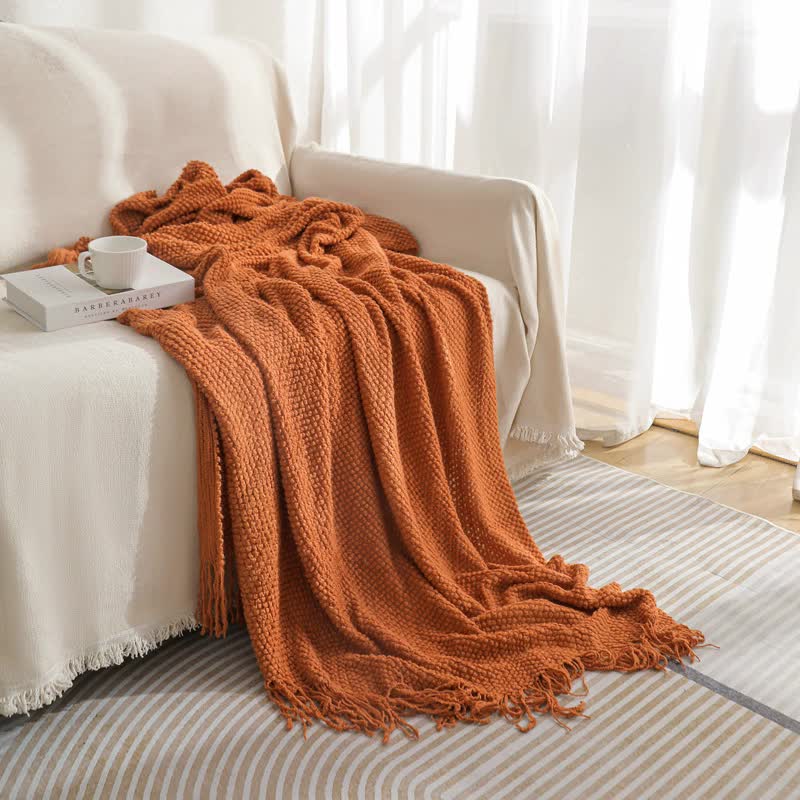 Premium Woven Knitted Throw Blanket with Tassels - Orange 130x260cm