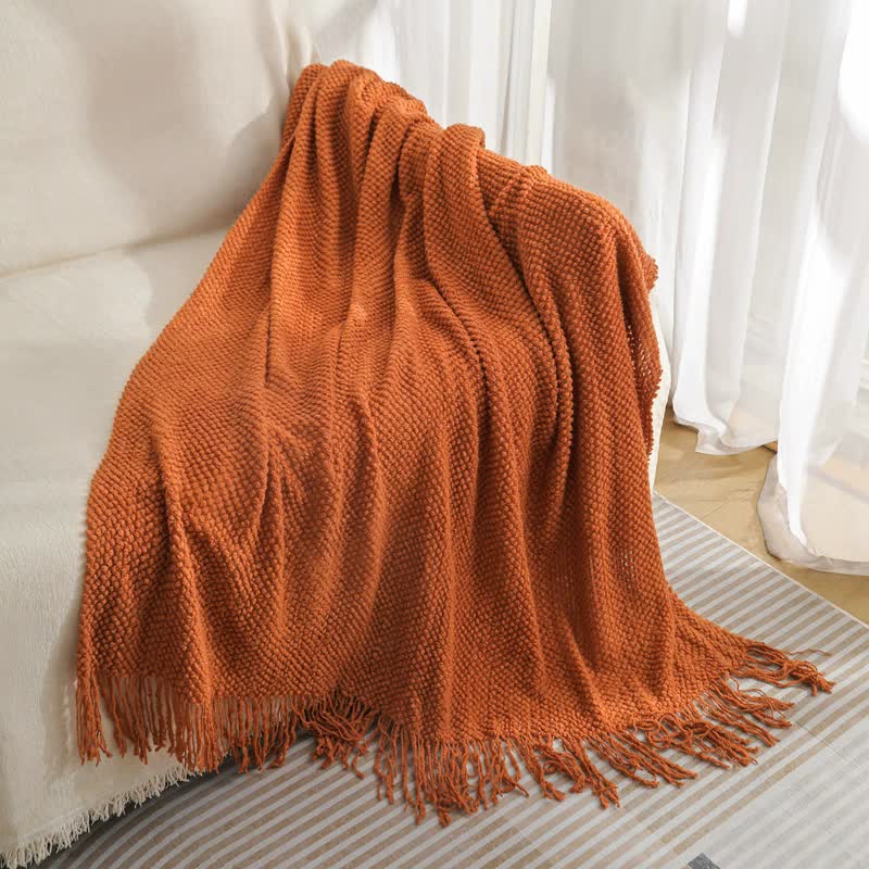 Premium Woven Knitted Throw Blanket with Tassels - Orange 130x260cm