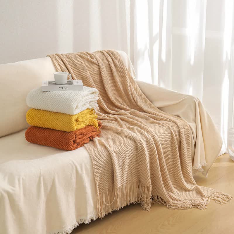 Premium Woven Knitted Throw Blanket with Tassels - Orange 130x260cm