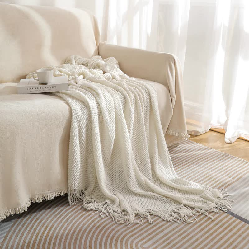 Premium Woven Knitted Throw Blanket with Tassels - Beige 130x260cm