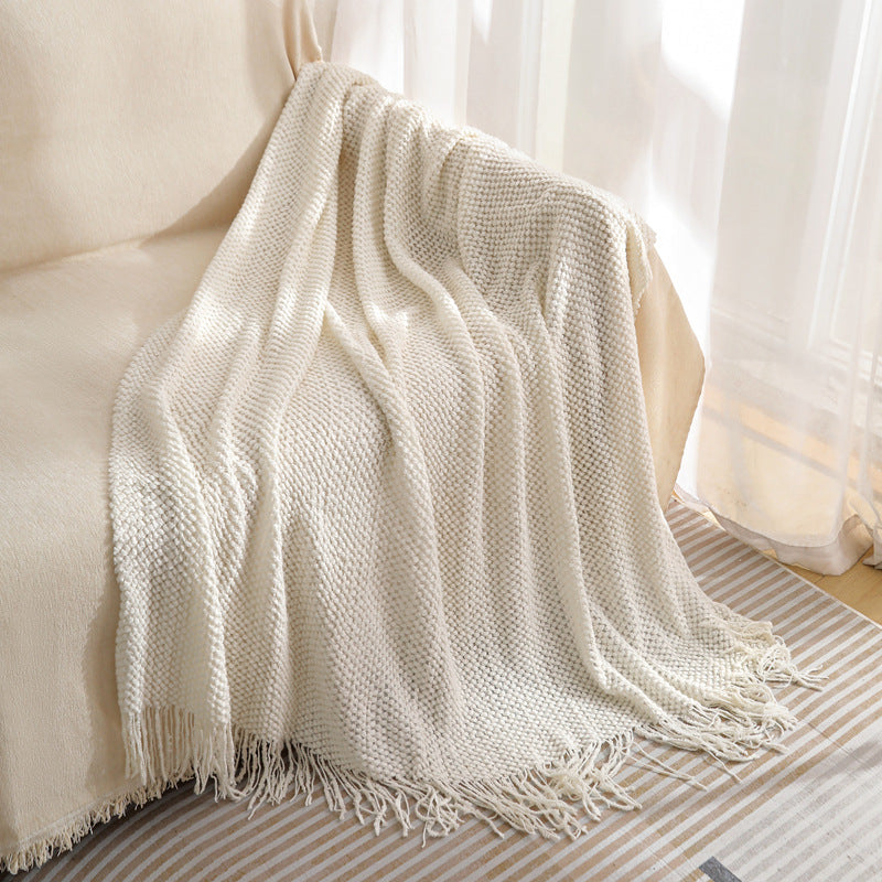 Premium Woven Knitted Throw Blanket with Tassels - Beige 130x260cm