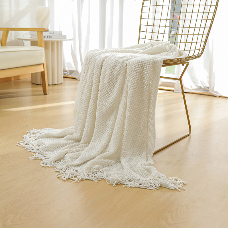 Premium Woven Knitted Throw Blanket with Tassels - Beige 130x260cm