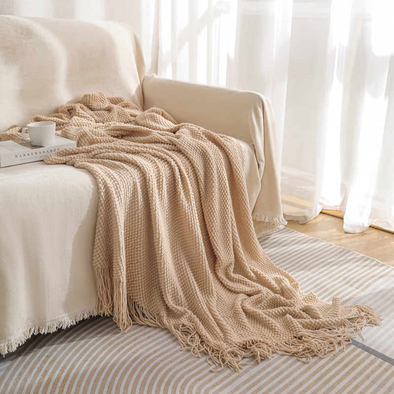 Premium Woven Knitted Throw Blanket with Tassels - Khaki 130x260cm