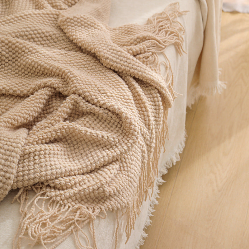 Premium Woven Knitted Throw Blanket with Tassels - Khaki 130x260cm